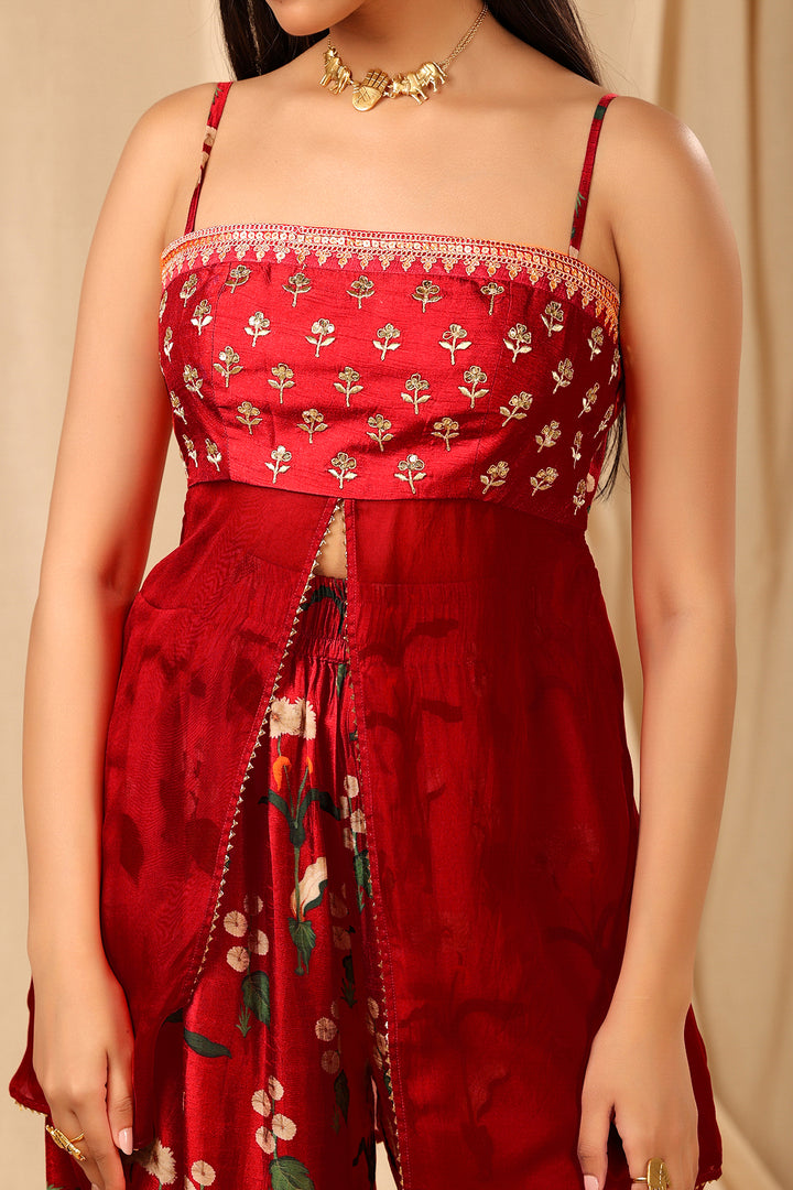 Red Spring Blossom Dhoti Set