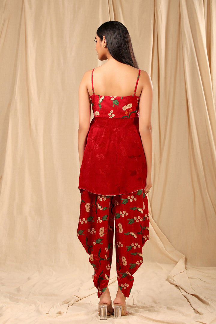 Red Spring Blossom Dhoti Set