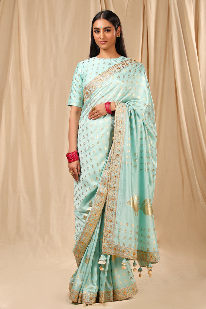 Sea Blue Lovebird in the Garden Saree