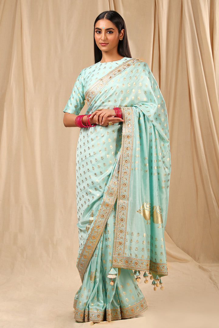Sea Blue Lovebird in the Garden Saree