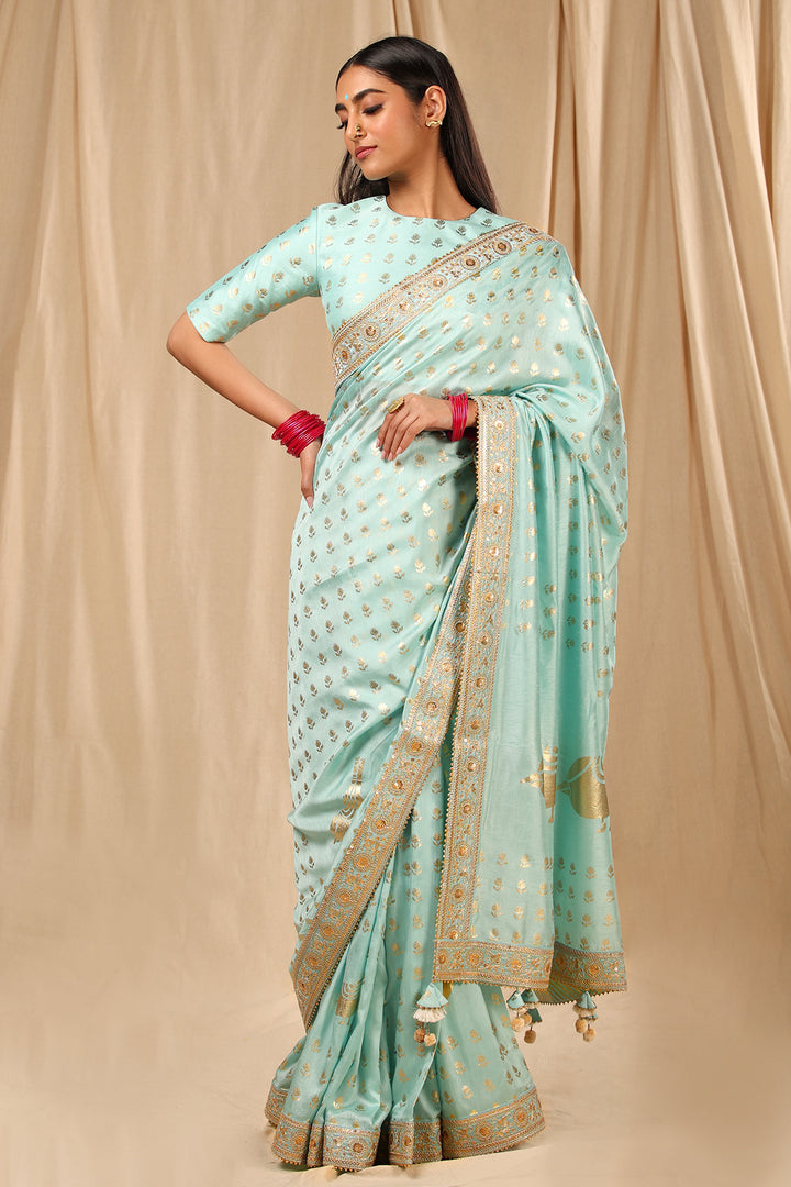 Sea Blue Lovebird in the Garden Saree
