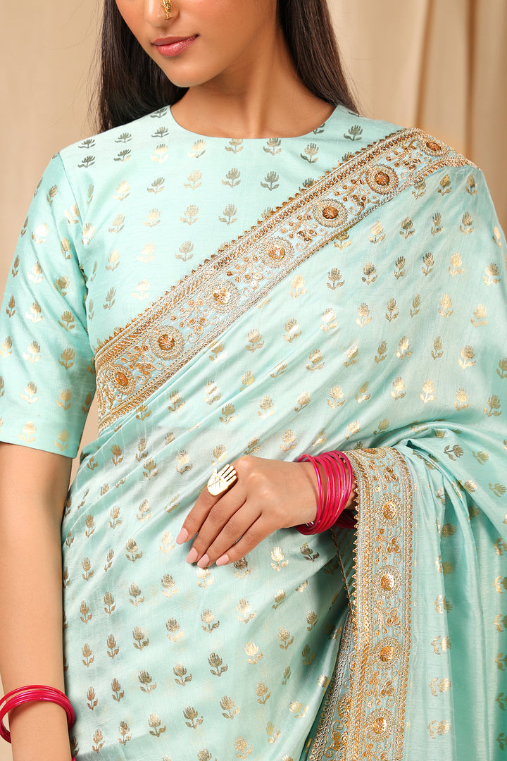 Sea Blue Lovebird in the Garden Saree