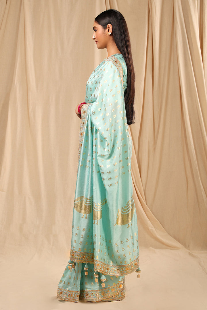 Sea Blue Lovebird in the Garden Saree