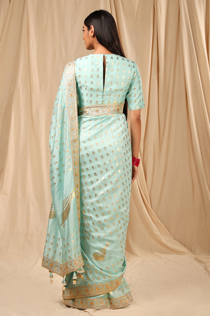 Sea Blue Lovebird in the Garden Saree