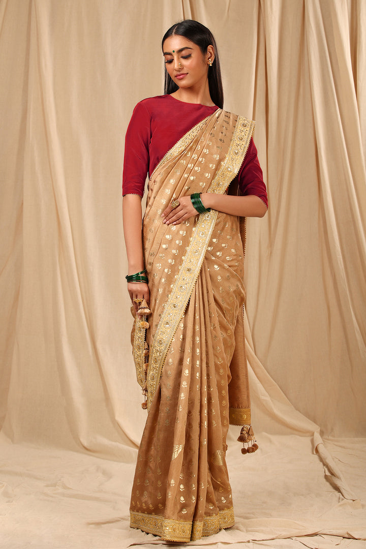 Beige Lovebird in the Garden Saree