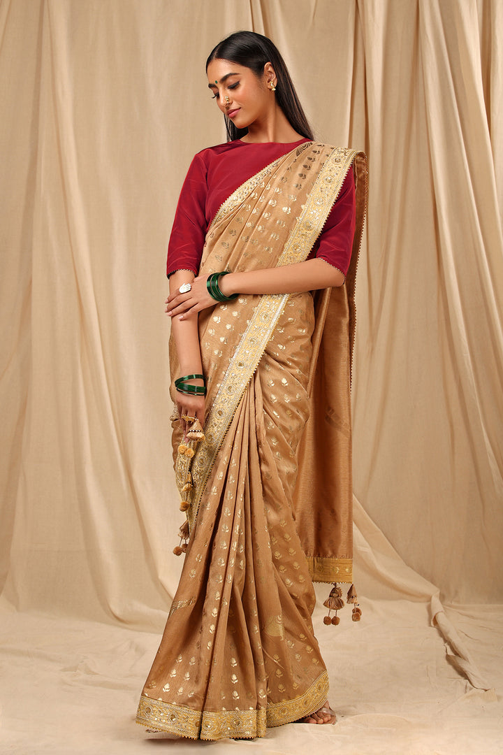 Beige Lovebird in the Garden Saree